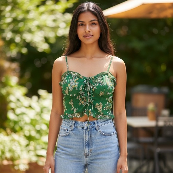 J.O.A. Tops - J.O.A. Floral Corset Top Green Ruffle‎ Lace Up Large NWT